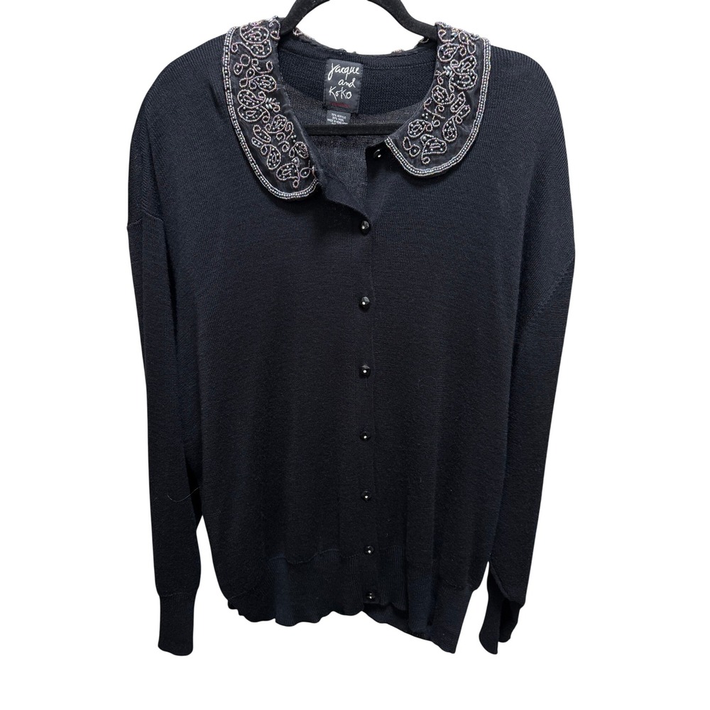 Jacque and Koko Cardigan Women‎ 26/28 Black Beaded Collar Wool Blend Grandmacore